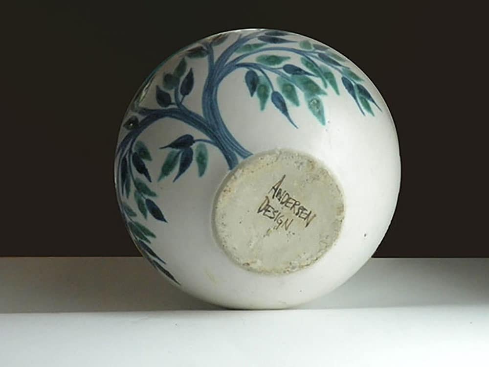 Hand written Andersen Design Signature on Large Salad Bowl in Blue Leaf pattern by Brenda Andersen