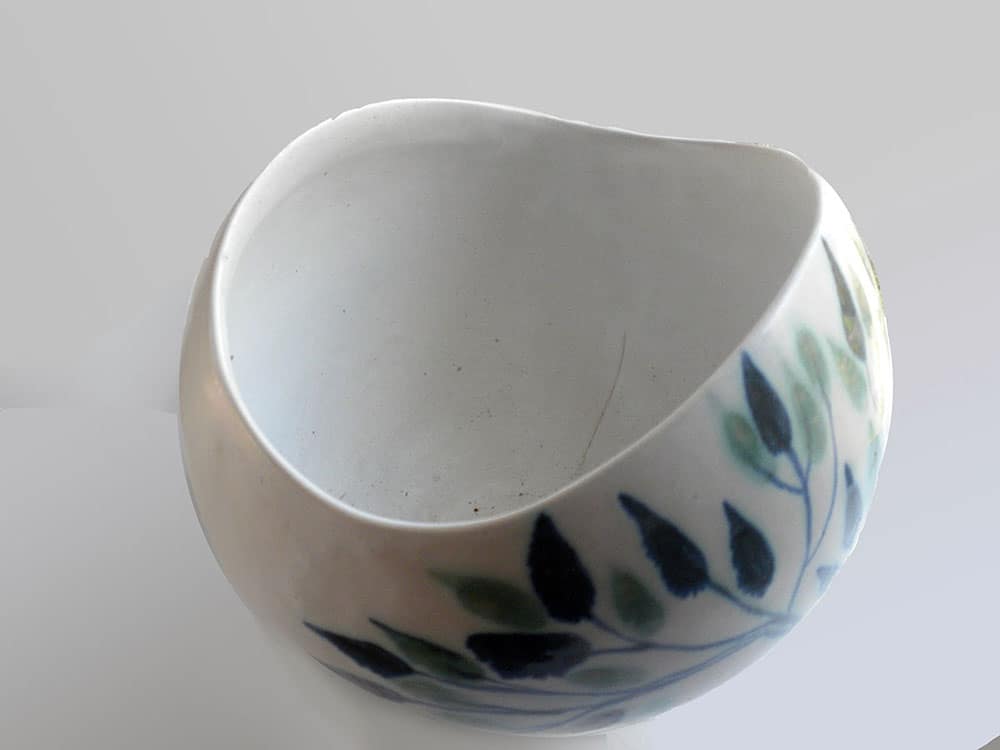 View from the Top of Andersen Design Large Salad Bowl with blue Leaf Pattern