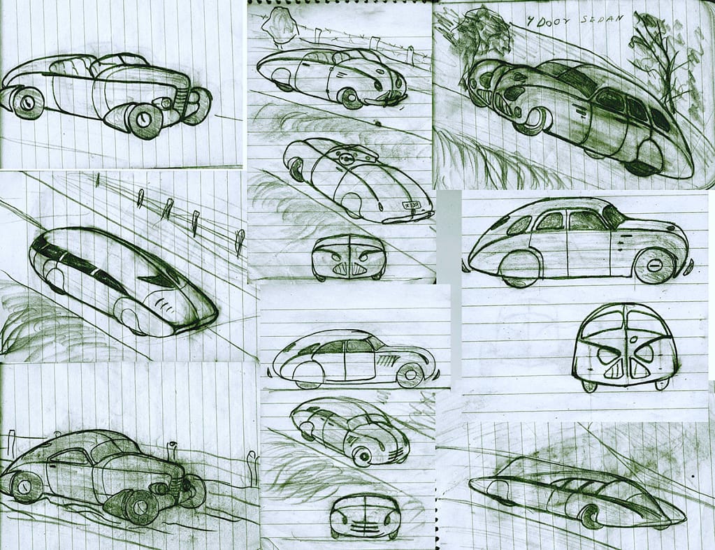 Car drawings by Weston in high school in the 1930s
