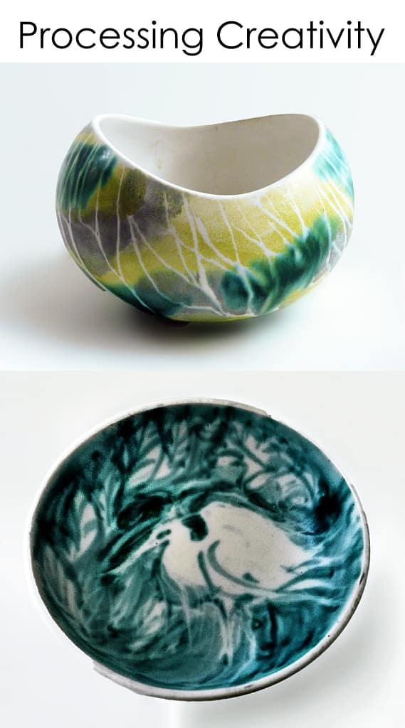 Brenda designed the routine patterns that used each artist’s hand as a part of the process. By working in a routine, predictable way, the artisan develops a connection to the materials that gives them the internal confidence to create spontaneous one-of-a-kind works of ceramic art.