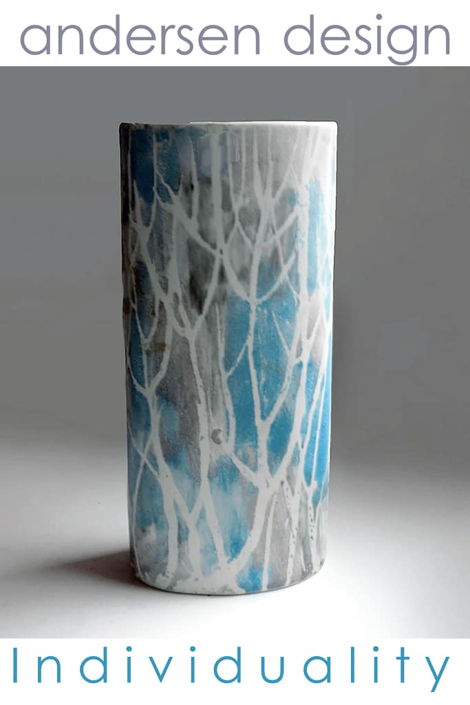 Tall Cylinder Vase in White Birch Tree Pattern in Blues and Gray by Brenda Andersen