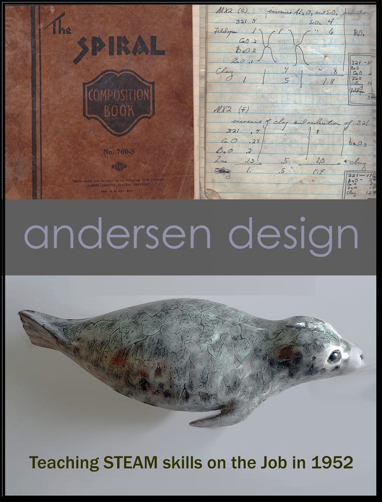 Spiral notebook of hand written glaze and body formulas keot by Weston Neil Andersen in the 1969s and a large seal by Andersen Design with its mottled and patterned surface