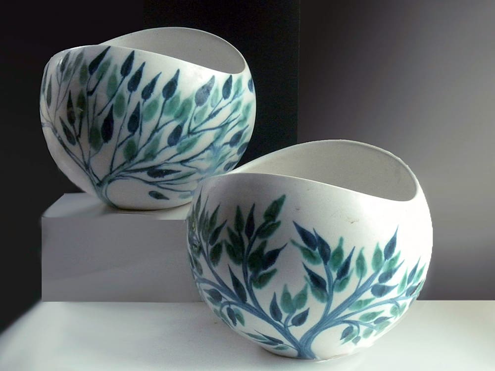 Two Large Salad Bowls in Blue Green Leaf - Form by Weston Andersen, Decoration by Brenda Andersen